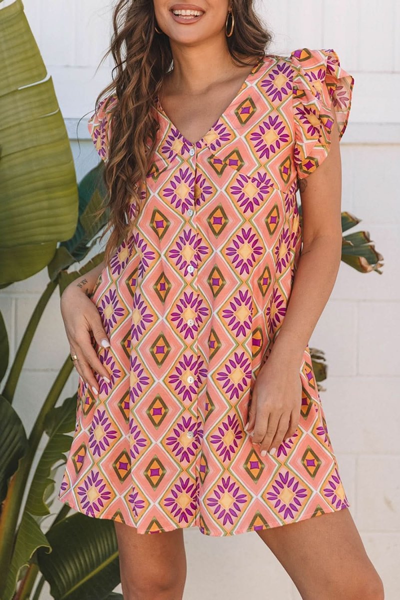 Flirty Orange Geometric Floral V-Neck Ruffled Sleeve Mini Dress - Love Salve 