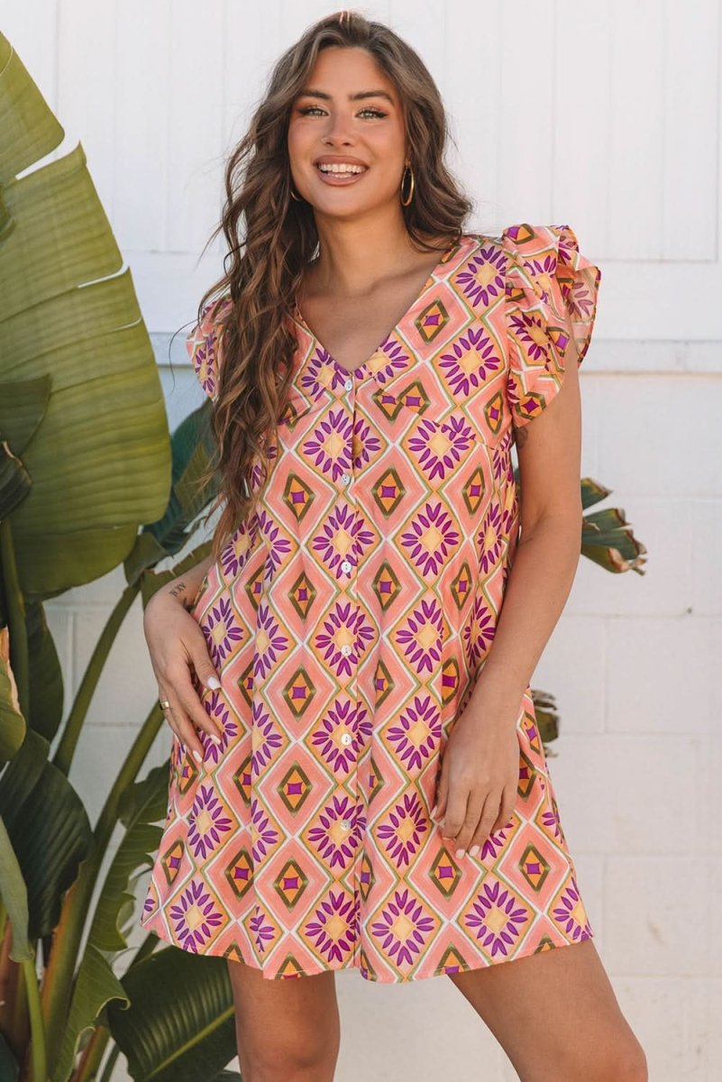 Flirty Orange Geometric Floral V-Neck Ruffled Sleeve Mini Dress - Love Salve 