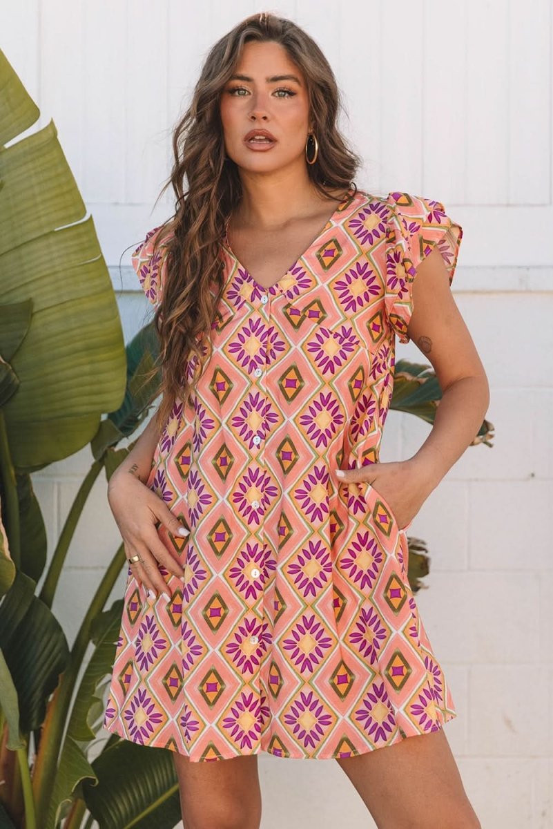 Flirty Orange Geometric Floral V-Neck Ruffled Sleeve Mini Dress - Love Salve 