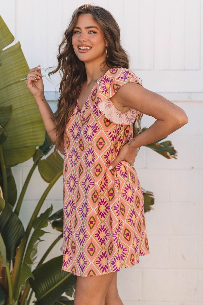 Flirty Orange Geometric Floral V-Neck Ruffled Sleeve Mini Dress - Love Salve 
