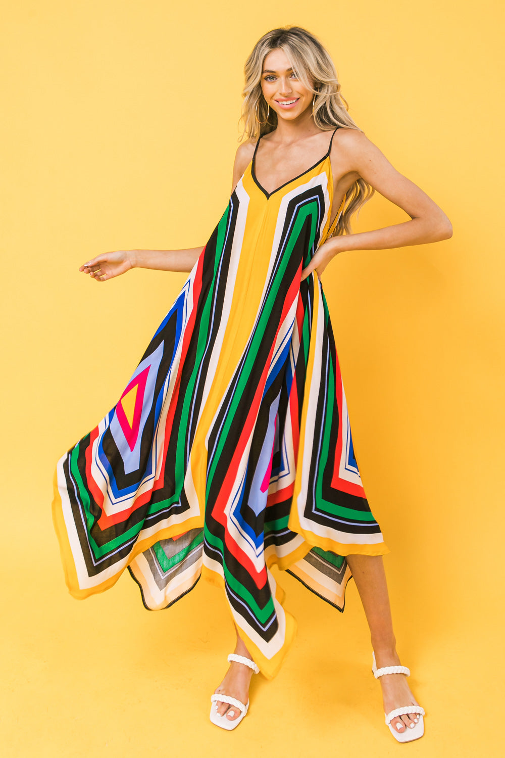 Vibrant Someone You Loved Hanky Dress with colorful geometric print and flowing design.