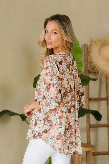 Floral Elegance Notched Neck Top - Wrinkle-Free Full Size - Love Salve 