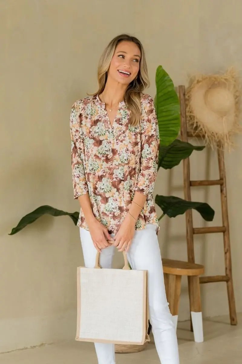 Floral Elegance Notched Neck Top - Wrinkle-Free Full Size - Love Salve 