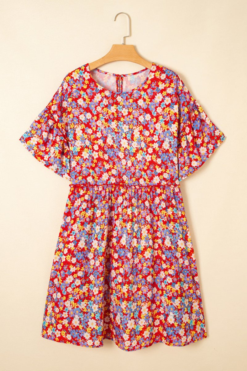 Floral Fantasy Plus Size Shift Dress with Short Ruffle Sleeves - Love Salve