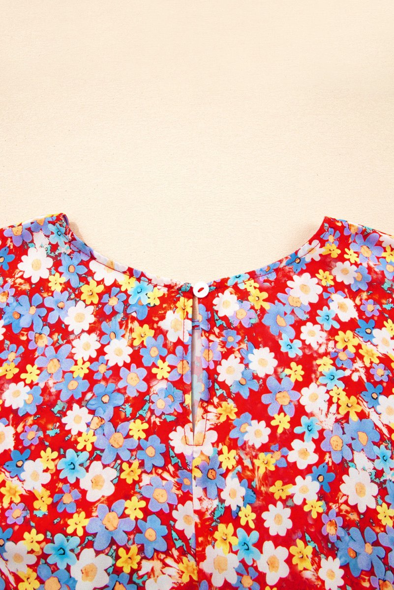 Floral Fantasy Plus Size Shift Dress with Short Ruffle Sleeves - Love Salve