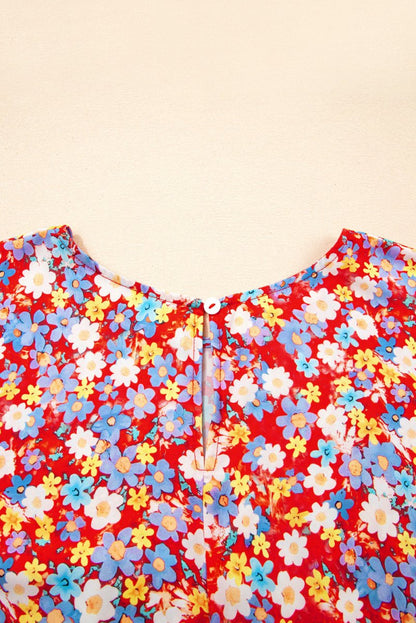 Floral Fantasy Plus Size Shift Dress with Short Ruffle Sleeves - Love Salve