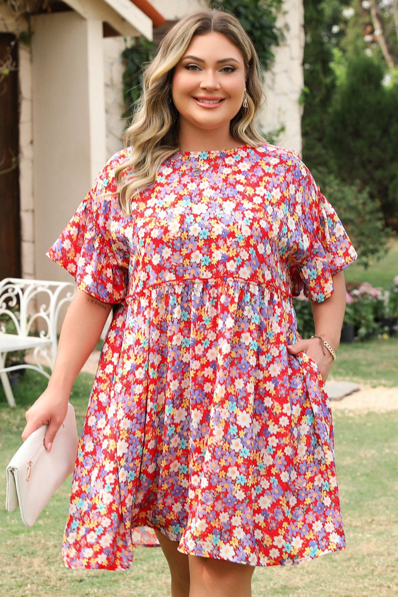 Floral Fantasy Plus Size Shift Dress with Short Ruffle Sleeves - Love Salve