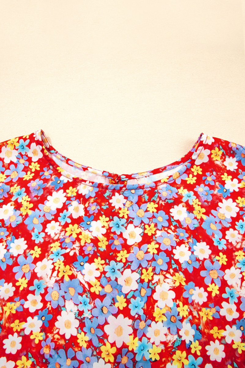 Floral Fantasy Plus Size Shift Dress with Short Ruffle Sleeves - Love Salve