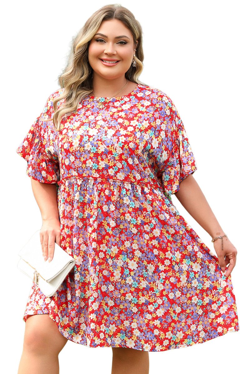 Floral Fantasy Plus Size Shift Dress with Short Ruffle Sleeves - Love Salve