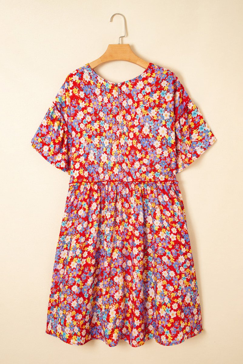 Floral Fantasy Plus Size Shift Dress with Short Ruffle Sleeves - Love Salve
