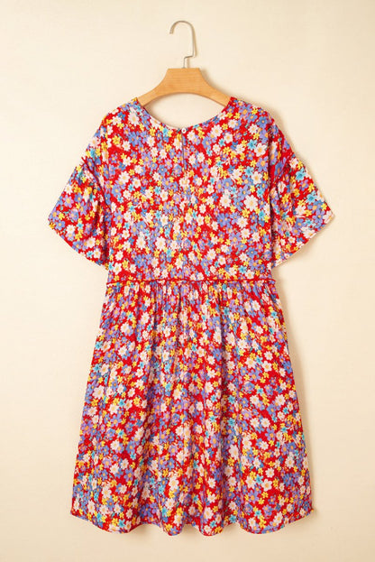 Floral Fantasy Plus Size Shift Dress with Short Ruffle Sleeves - Love Salve