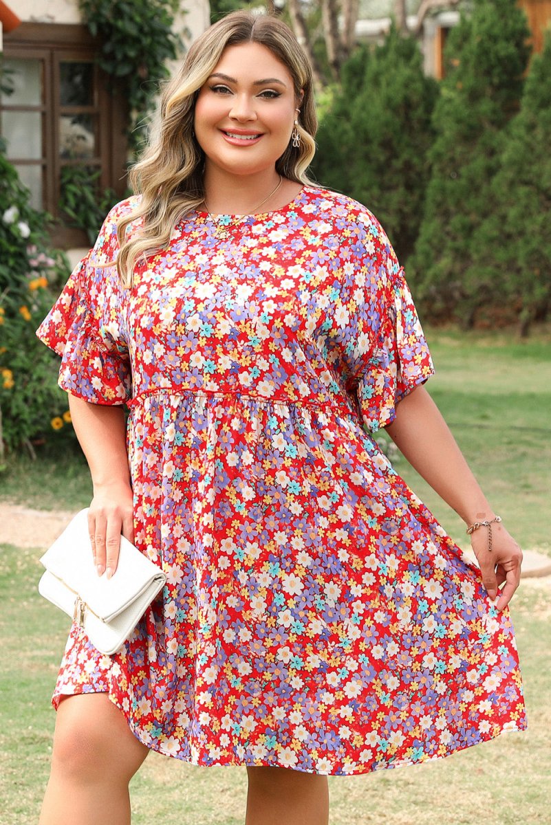 Floral Fantasy Plus Size Shift Dress with Short Ruffle Sleeves - Love Salve
