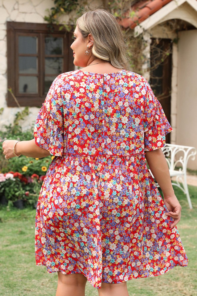 Floral Fantasy Plus Size Shift Dress with Short Ruffle Sleeves - Love Salve