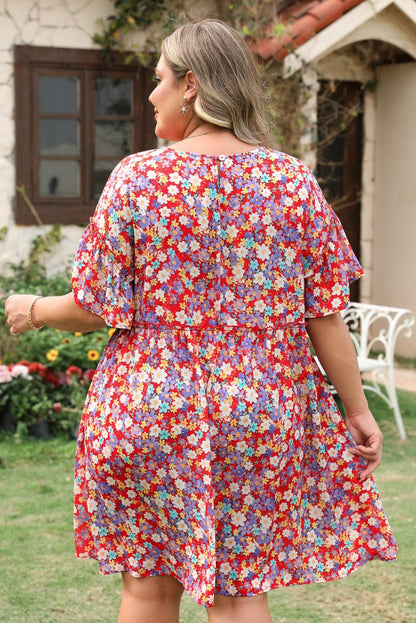 Floral Fantasy Plus Size Shift Dress with Short Ruffle Sleeves - Love Salve