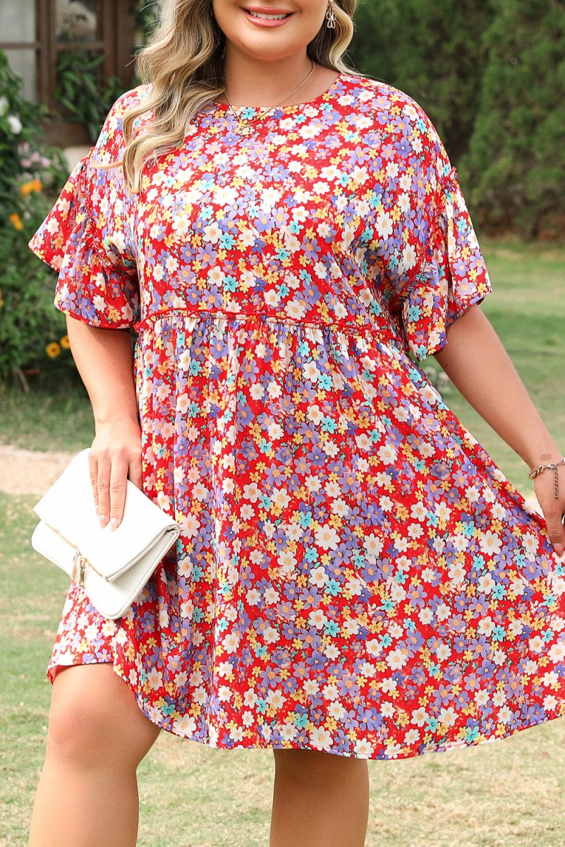 Floral Fantasy Plus Size Shift Dress with Short Ruffle Sleeves - Love Salve
