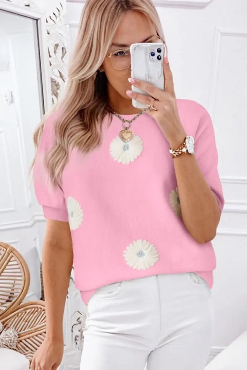 Floral Knit Short Sleeve Top in Charming Pink - Love Salve 