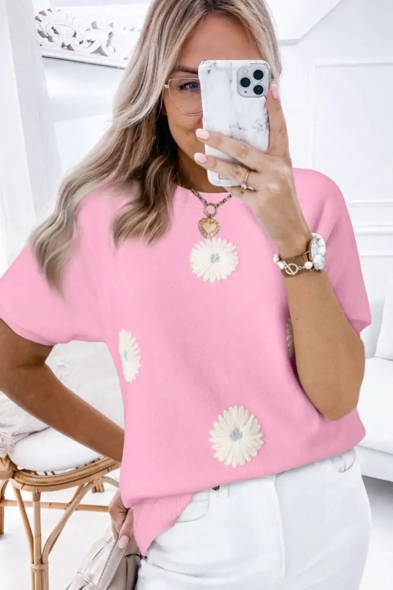 Floral Knit Short Sleeve Top in Charming Pink - Love Salve 