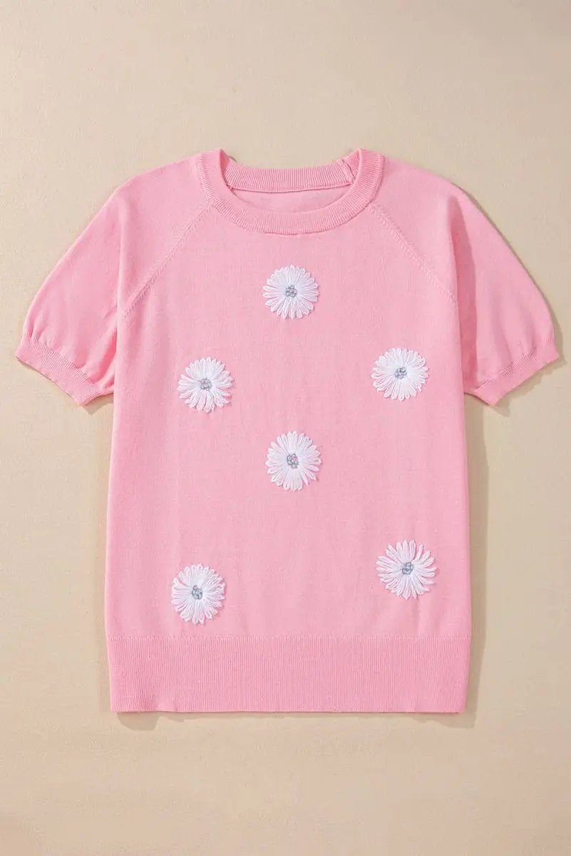 Floral Knit Short Sleeve Top in Charming Pink - Love Salve 