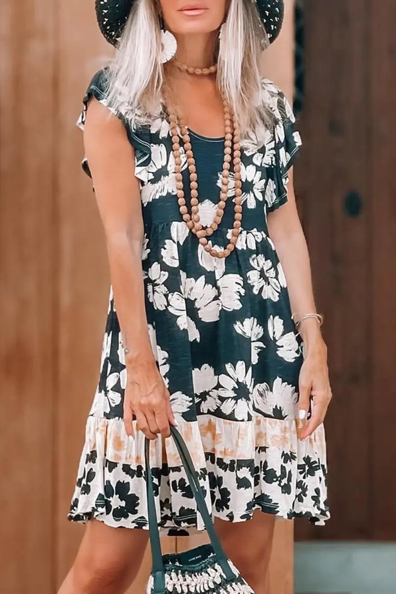 Floral Print Ruffle Sleeve Empire Waist Mini Dress for Women - Love Salve 