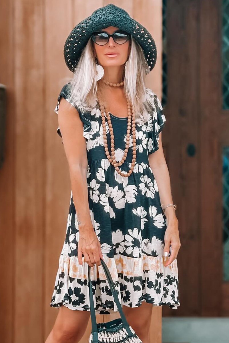 Floral Print Ruffle Sleeve Empire Waist Mini Dress for Women - Love Salve 