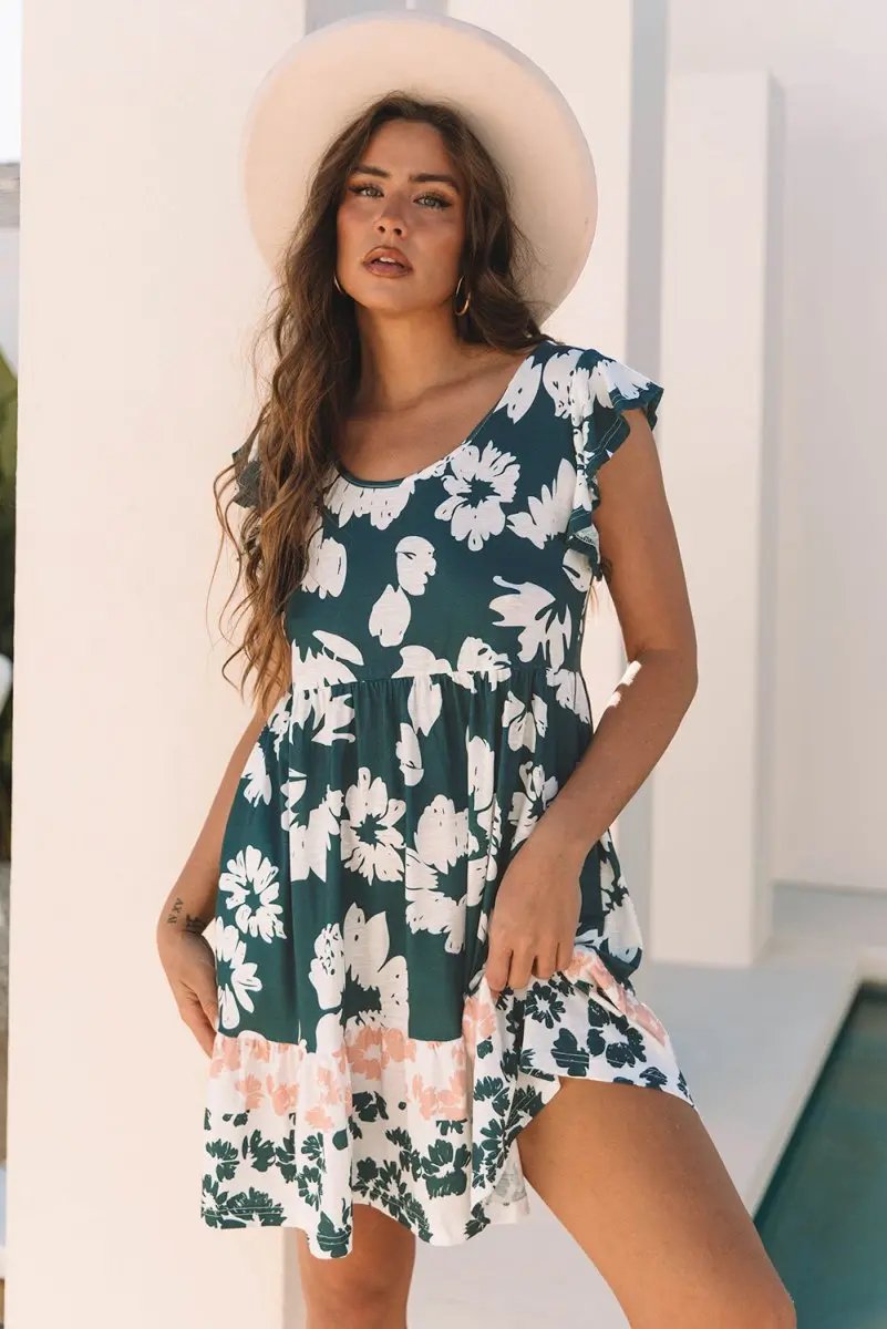 Floral Print Ruffle Sleeve Empire Waist Mini Dress for Women - Love Salve 