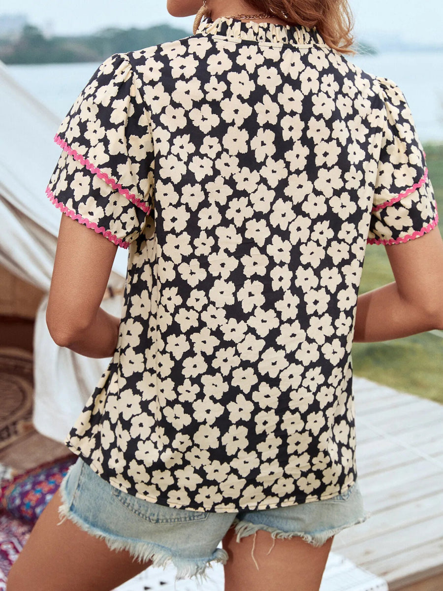 Floral Print Short Sleeve Blouse with Contrast Trim - Love Salve
