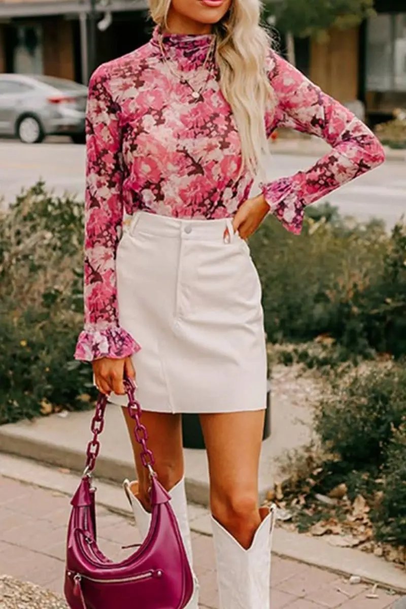 Floral Print Turtleneck Ruffle Sleeve Top - Love Salve 