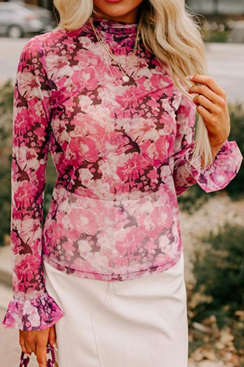 Floral Print Turtleneck Ruffle Sleeve Top - Love Salve