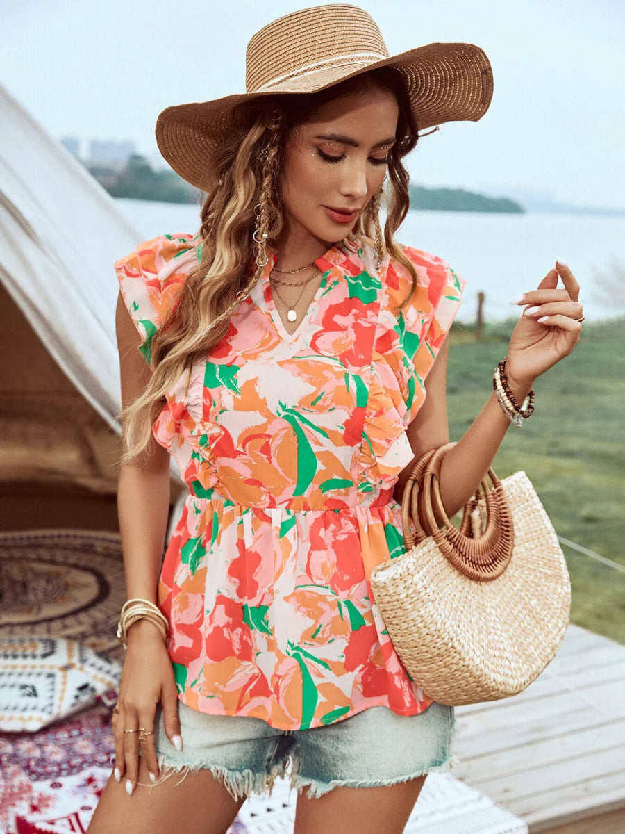 Floral Ruffle Cap Sleeve Blouse - Love Salve