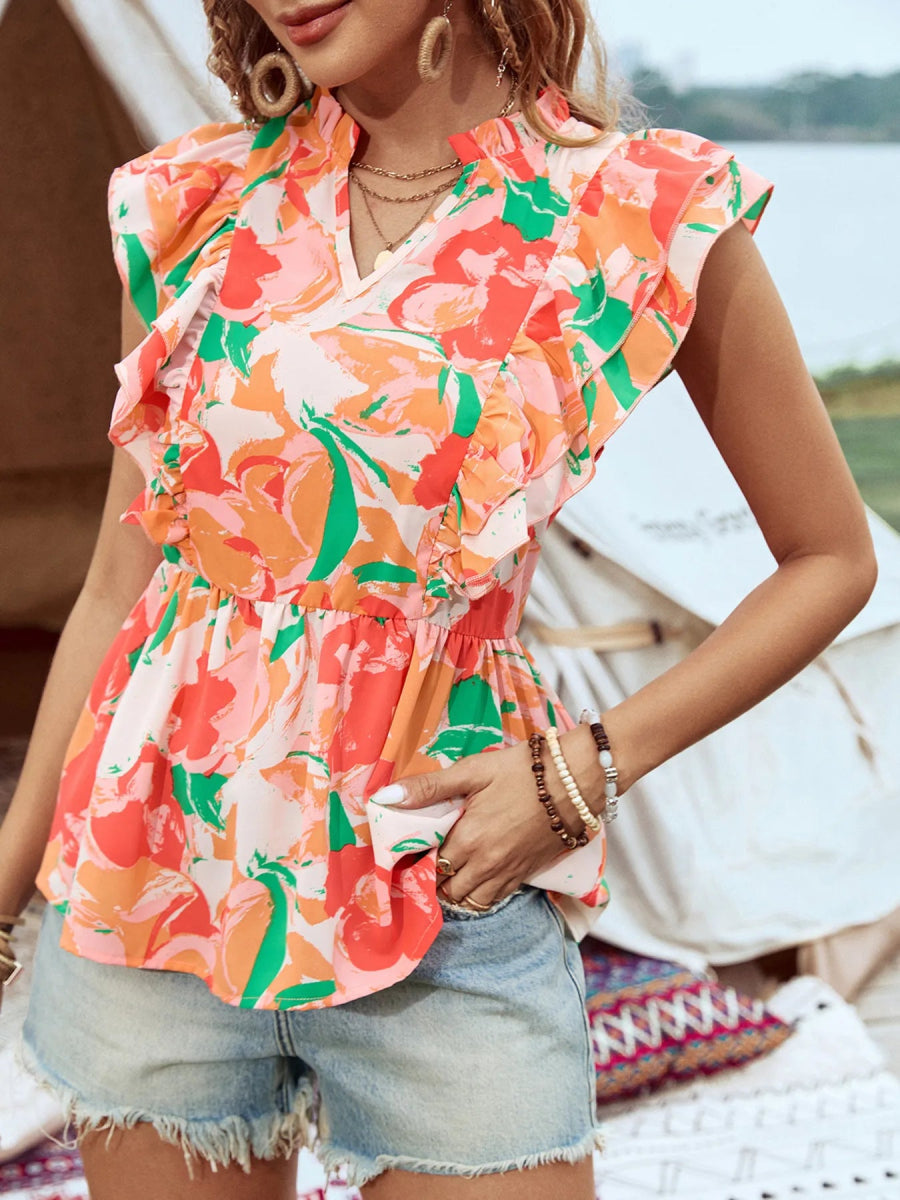 Floral Ruffle Cap Sleeve Blouse - Love Salve