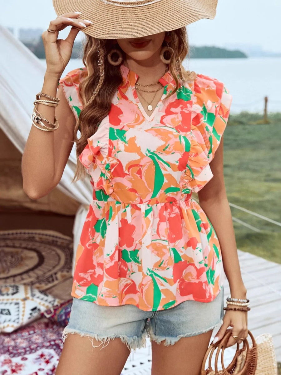 Floral Ruffle Cap Sleeve Blouse - Love Salve