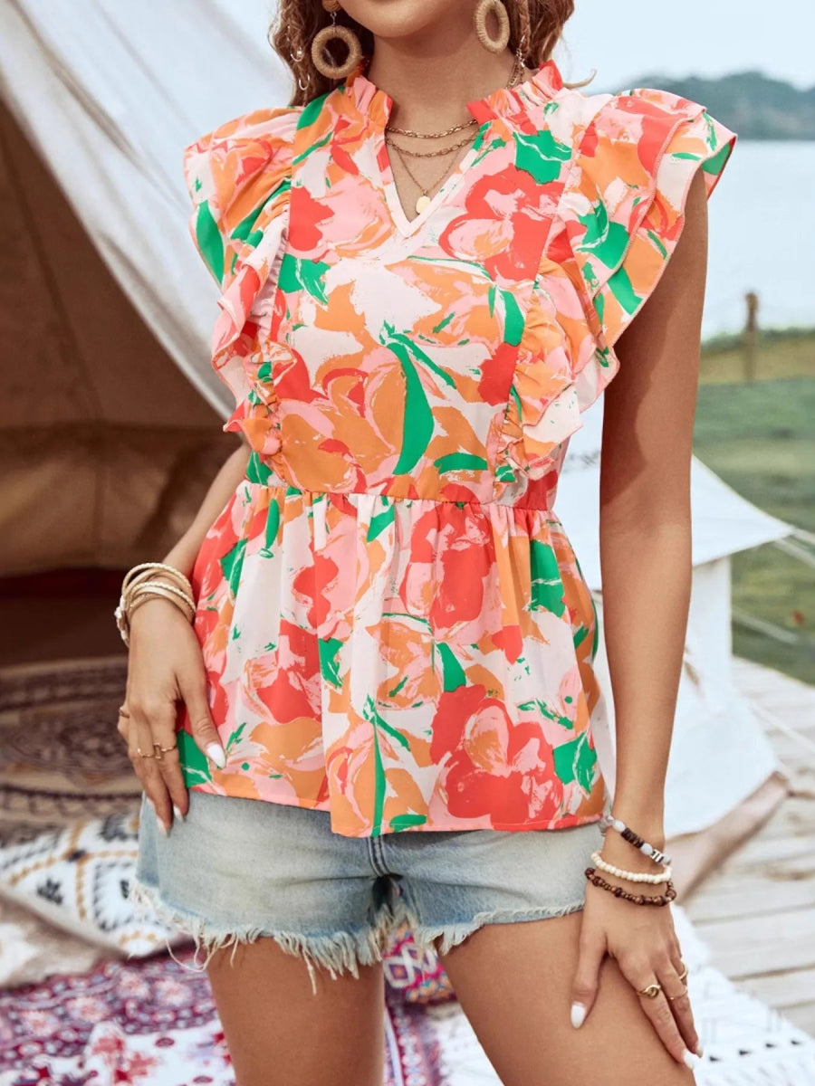 Floral Ruffle Cap Sleeve Blouse - Love Salve