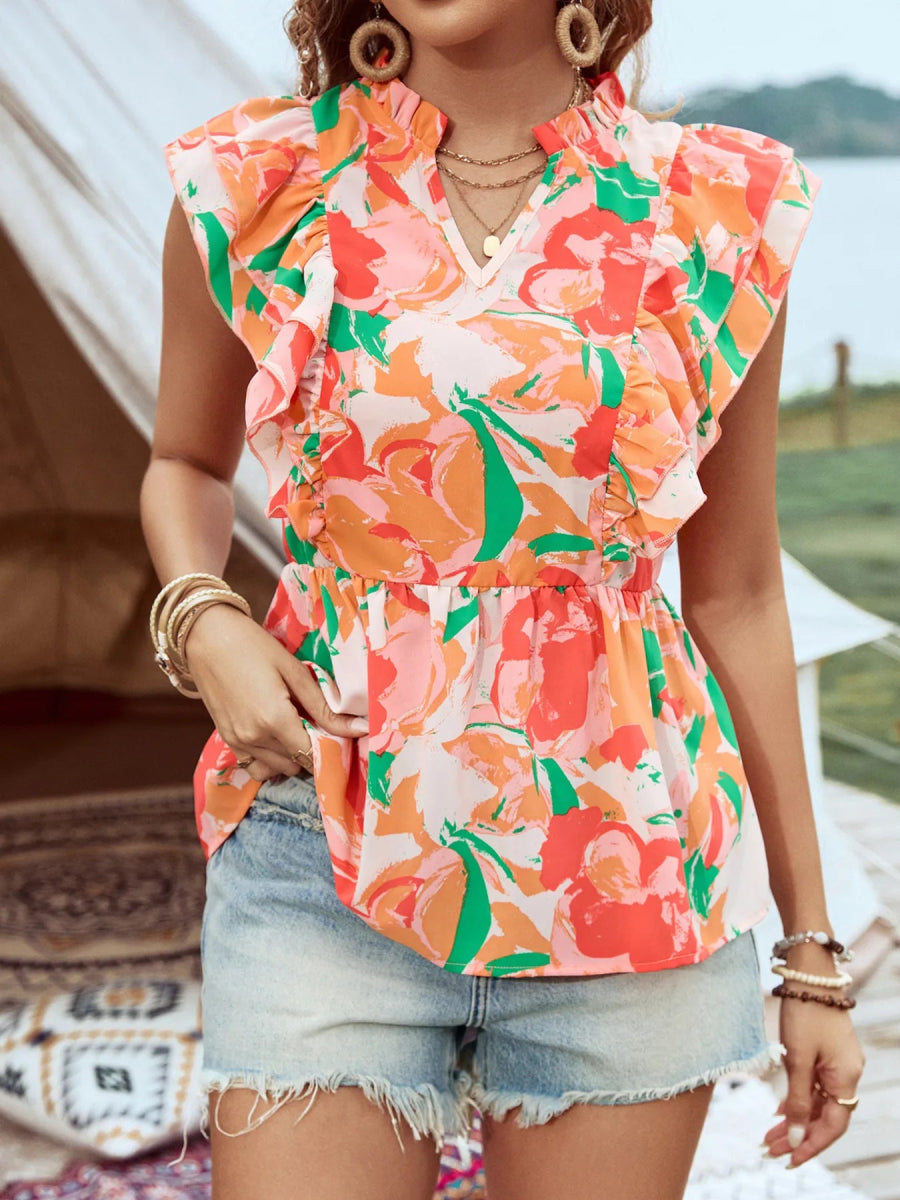 Floral Ruffle Cap Sleeve Blouse - Love Salve