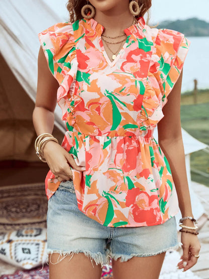 Floral Ruffle Cap Sleeve Blouse - Love Salve