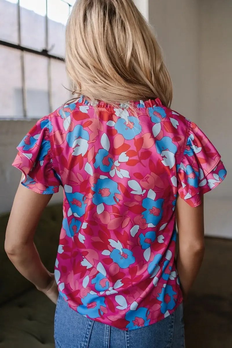 Floral Ruffle Sleeve Blouse in Rose Red - Love Salve 