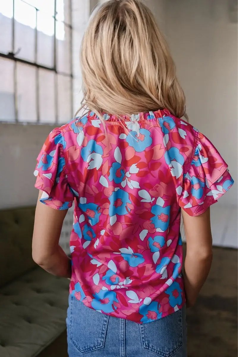 Floral Ruffle Sleeve Blouse in Rose Red - Love Salve 