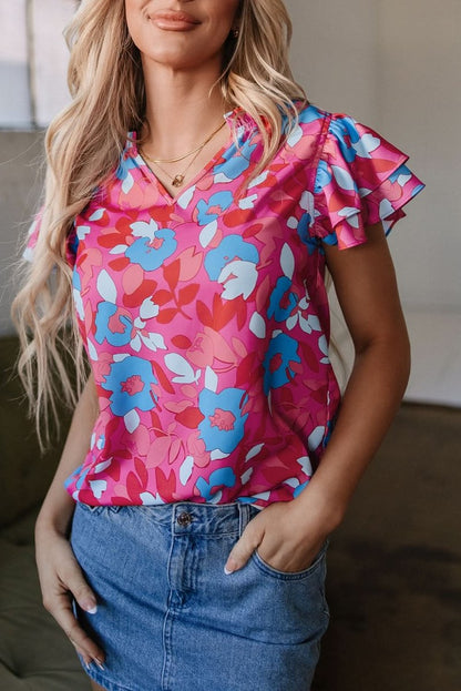 Floral Ruffle Sleeve Blouse in Rose Red - Love Salve 