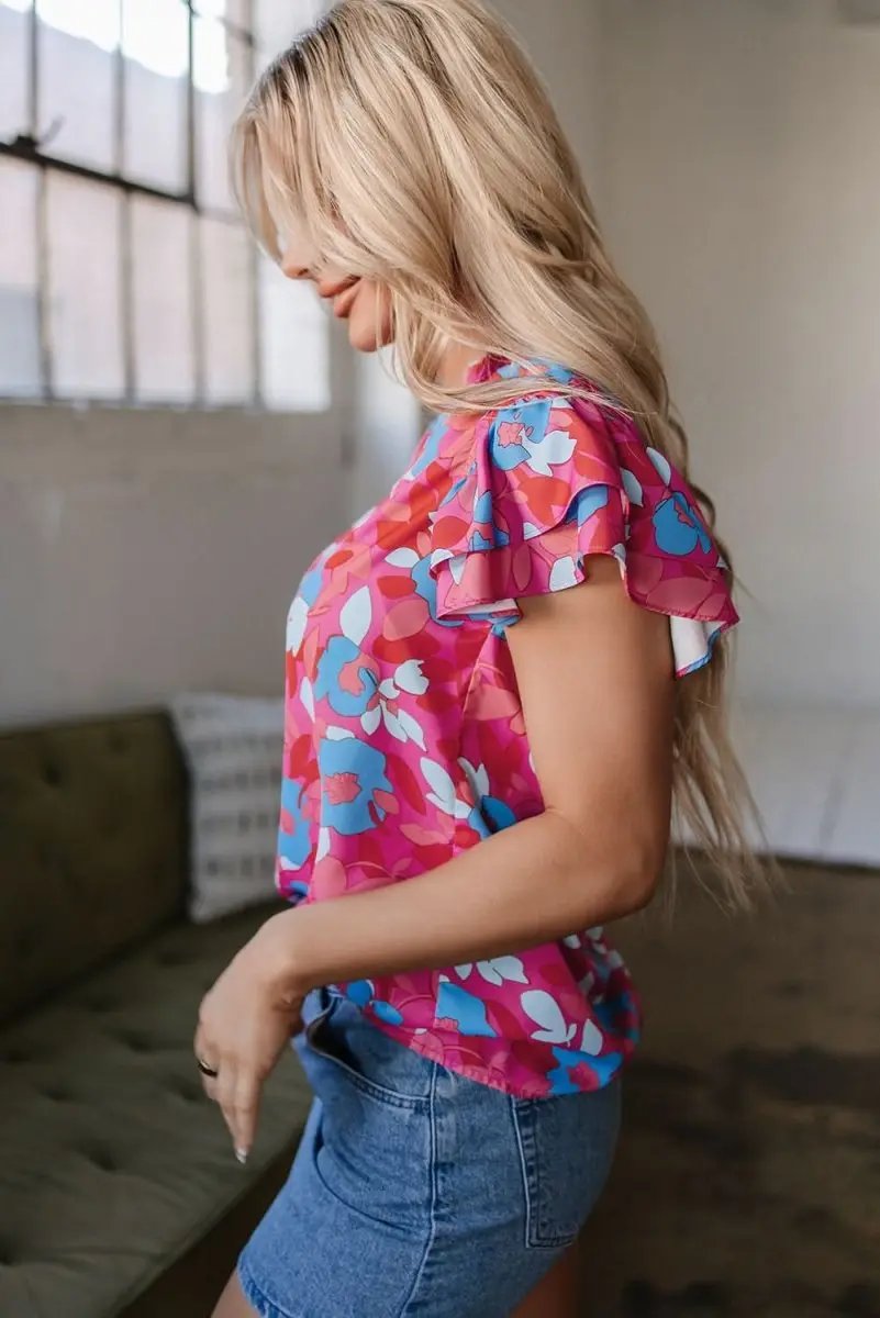 Floral Ruffle Sleeve Blouse in Rose Red - Love Salve 