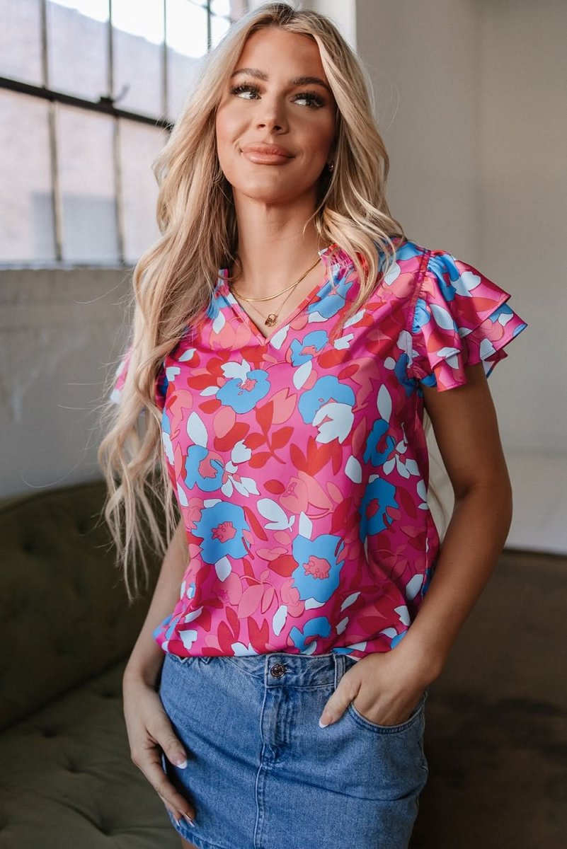 Floral Ruffle Sleeve Blouse in Rose Red - Love Salve 