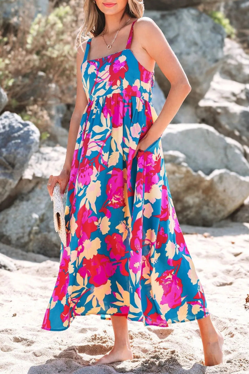Floral Square Neck Cami Dress with Pockets for Women - Love Salve 