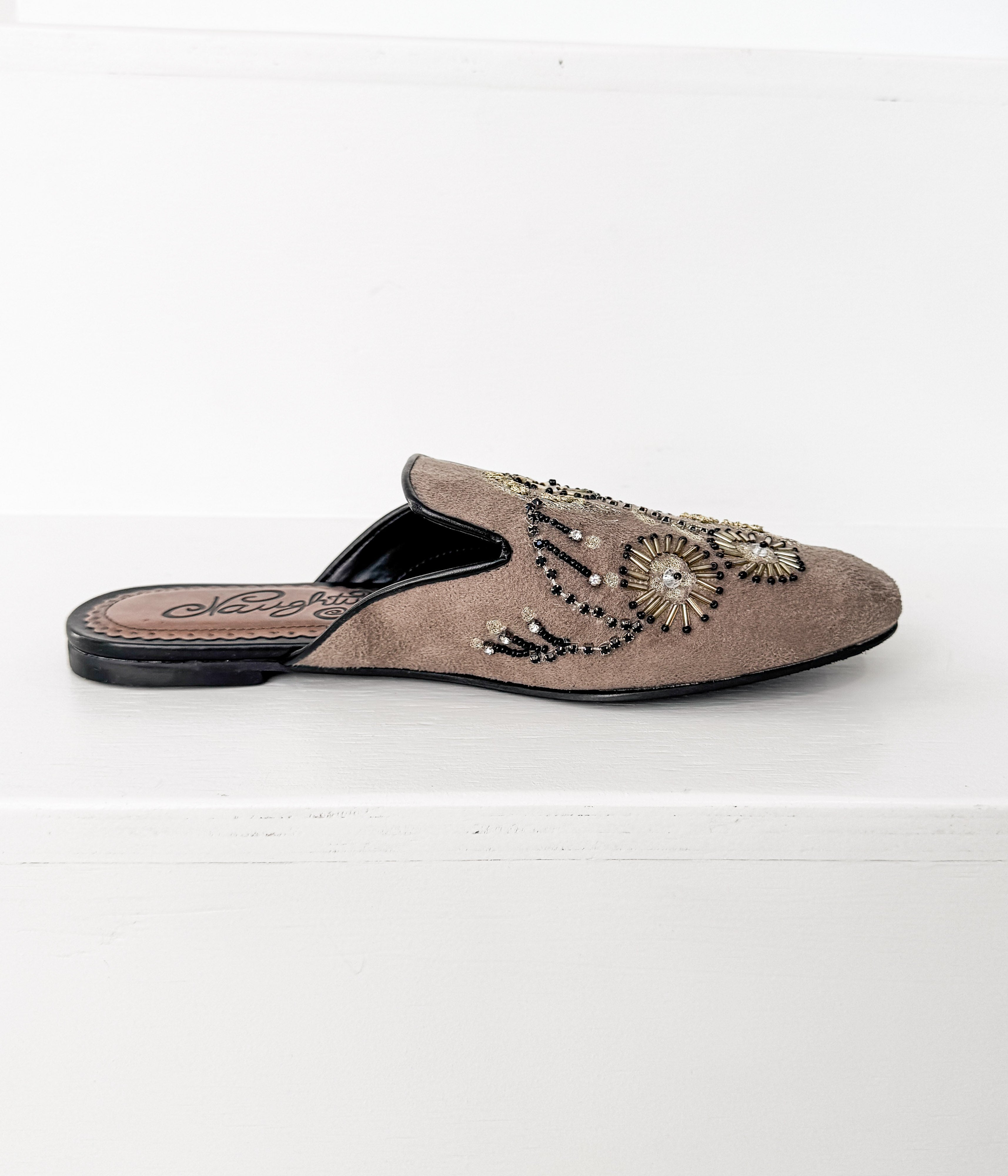 Floral Island Taupe Suede Mules With Embroidered Detail Naughty Monkey