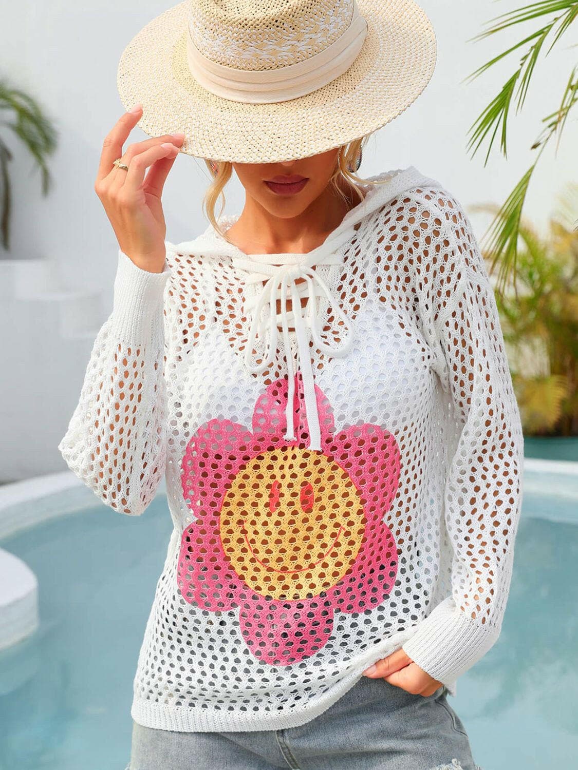 Floral Lace-Up Sheer Hooded Beach Cover-UpEnhance Your Beach Look with Our Floral Lace-Up Sheer Hooded Cover-Up
 
 
Pattern Type: Floral
 
Neckline: Hooded
 
Material: 100% polyester
 
Sleeve Length: Long slLove Salve Sheer Hooded Beach Cover-swimwear