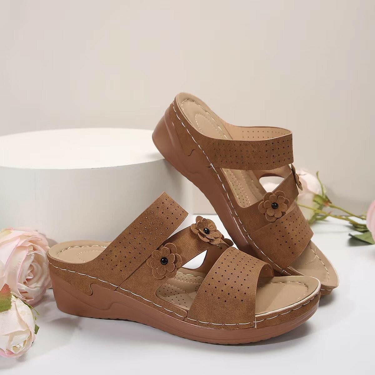 Flower PU Leather Wedge Sandals - Love Salve