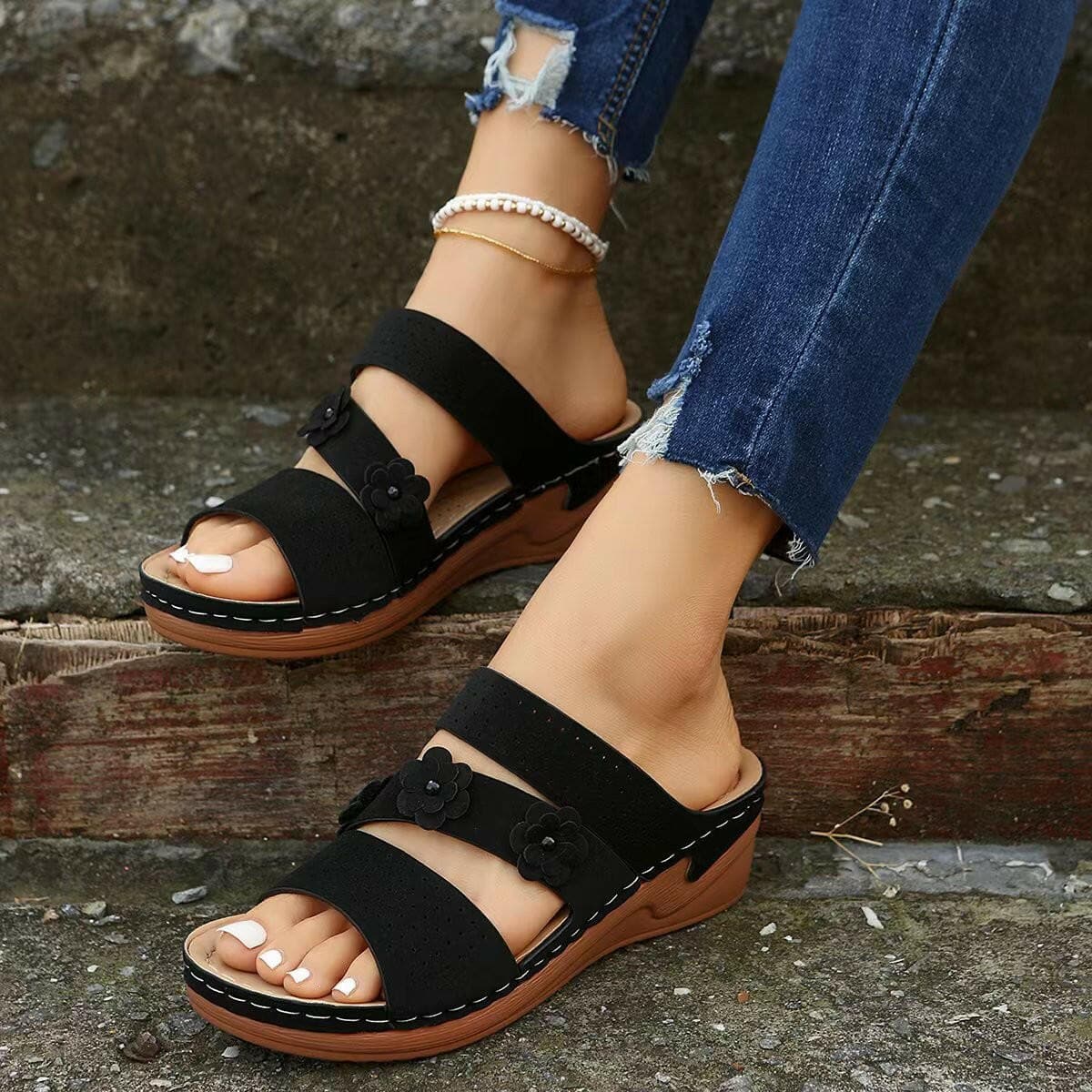 Flower PU Leather Wedge Sandals - Love Salve