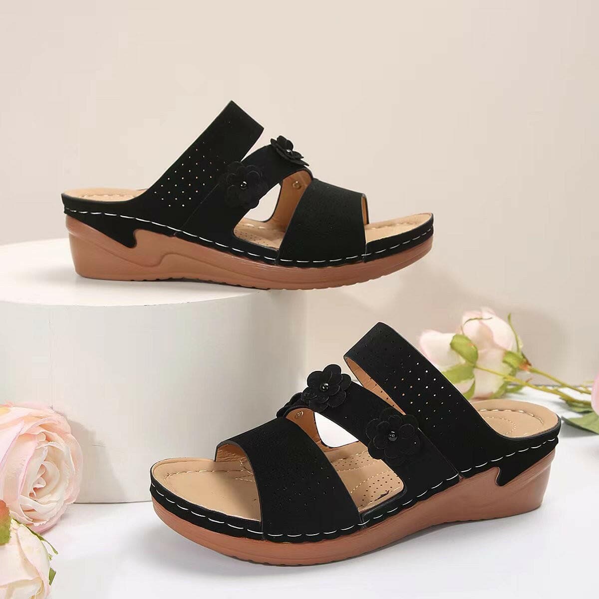 Flower PU Leather Wedge Sandals - Love Salve