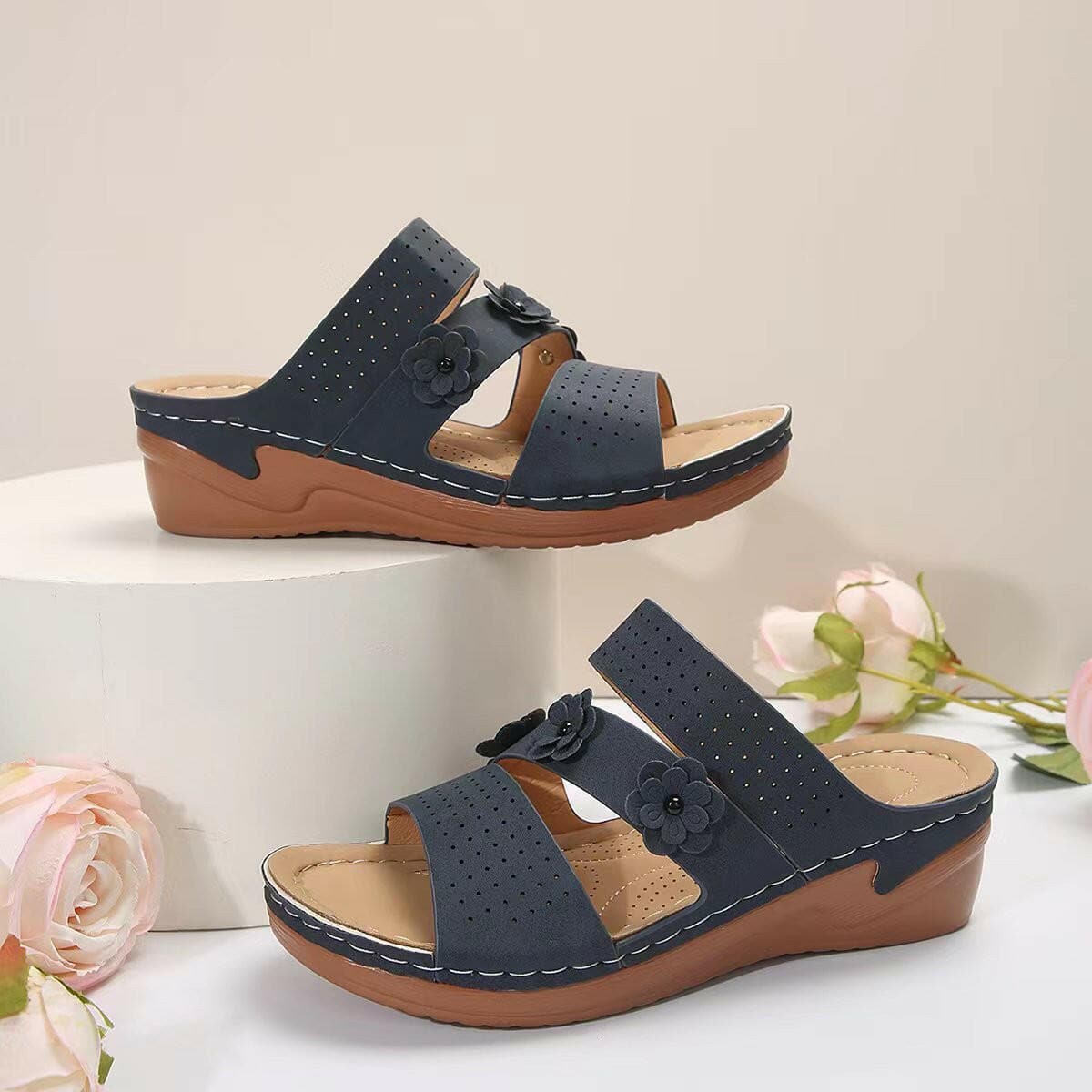 Flower PU Leather Wedge Sandals - Love Salve