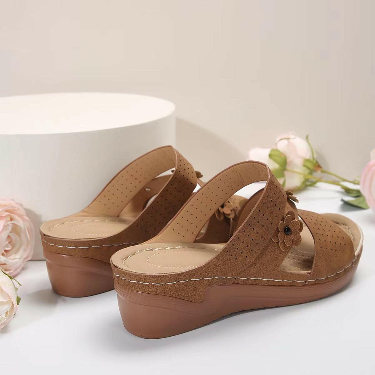 Flower PU Leather Wedge Sandals - Love Salve