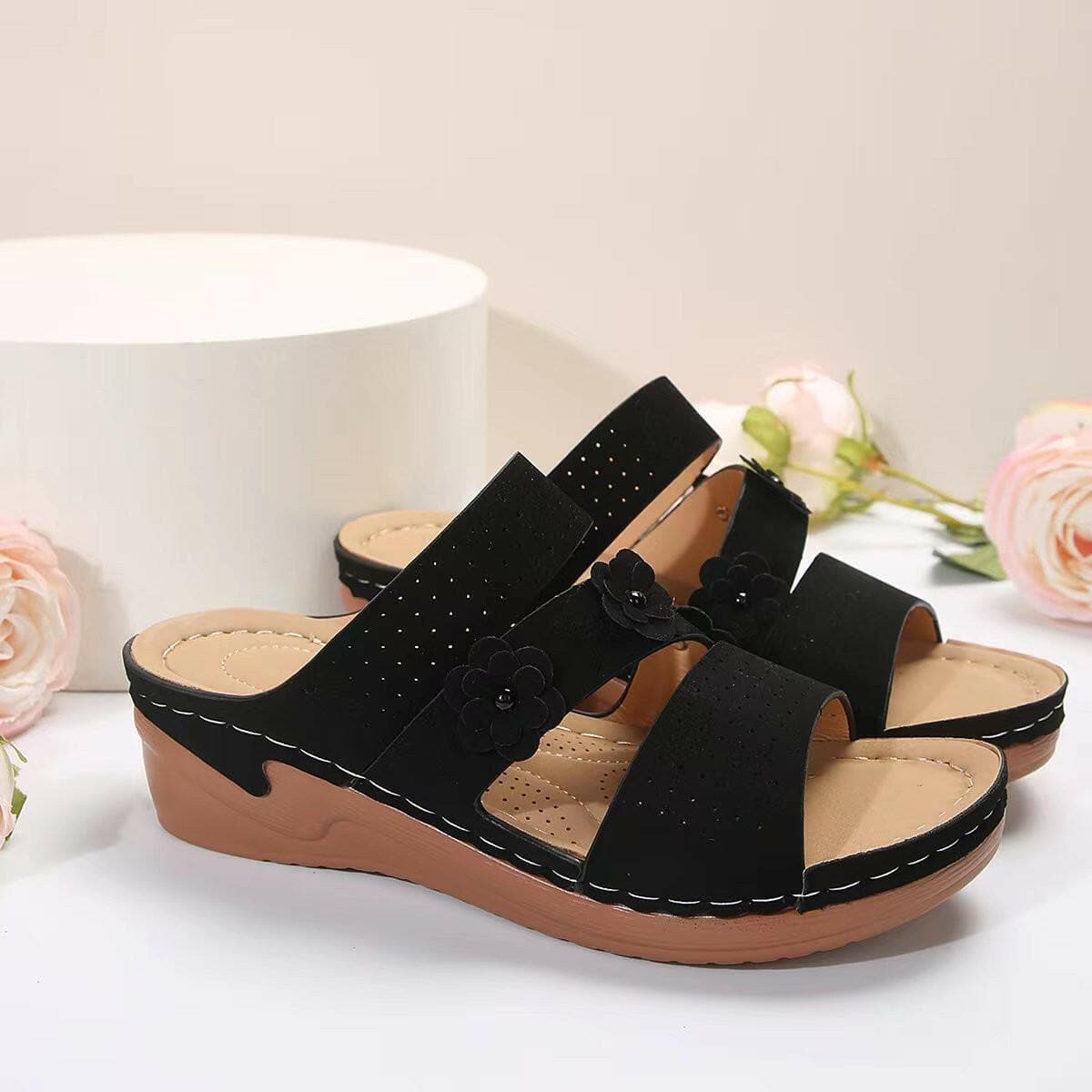 Flower PU Leather Wedge Sandals - Love Salve