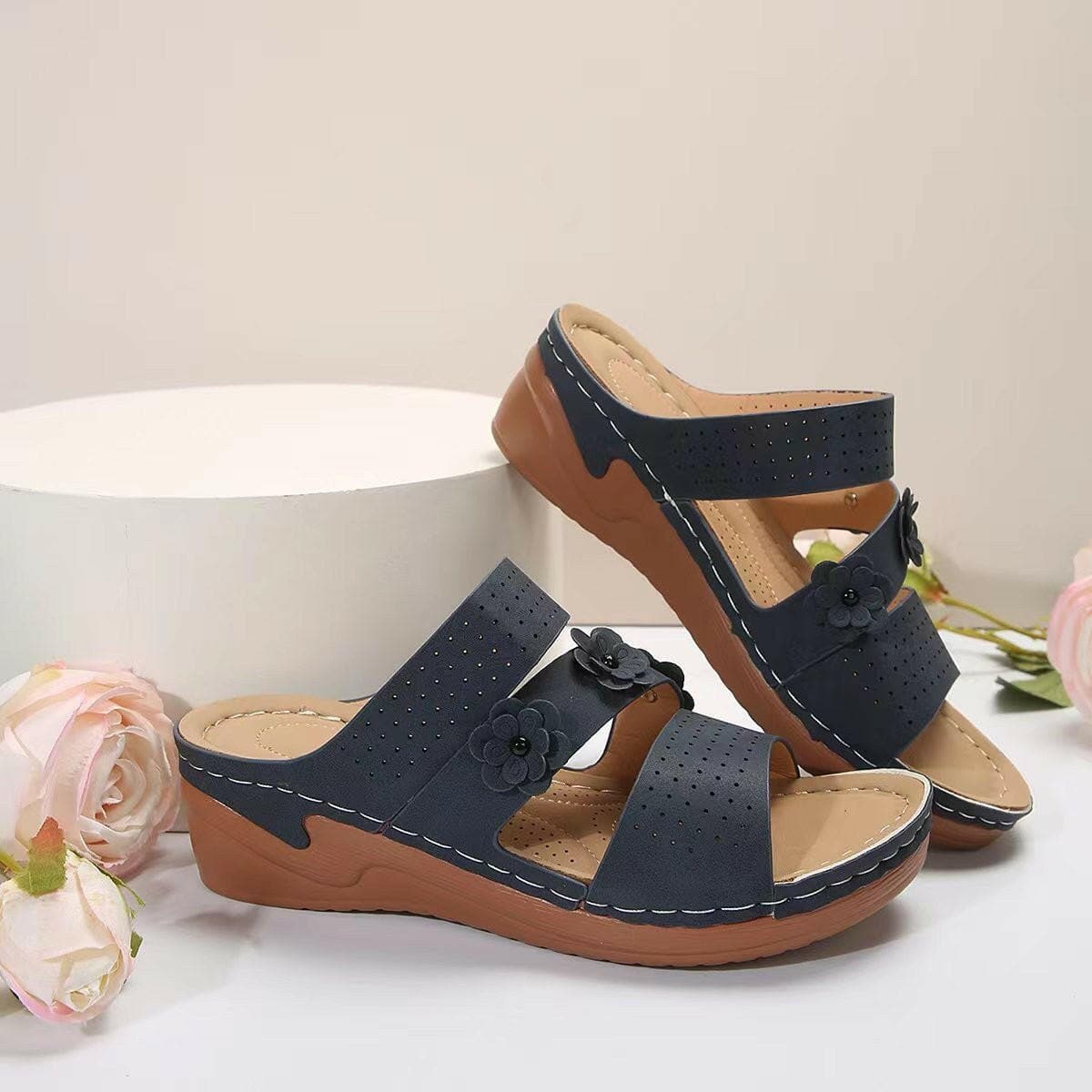 Flower PU Leather Wedge Sandals - Love Salve