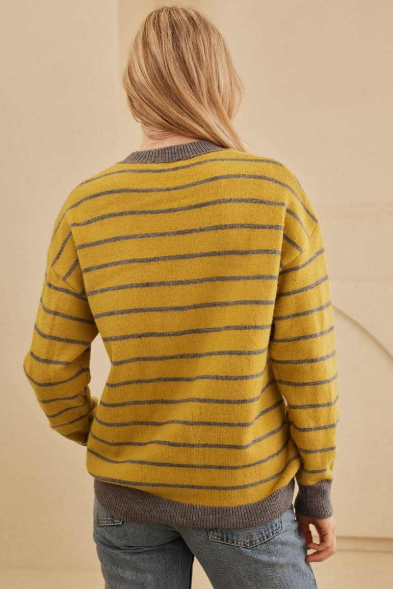 Flower Stripe Round Neck Long Sleeve Sweater - Love Salve 